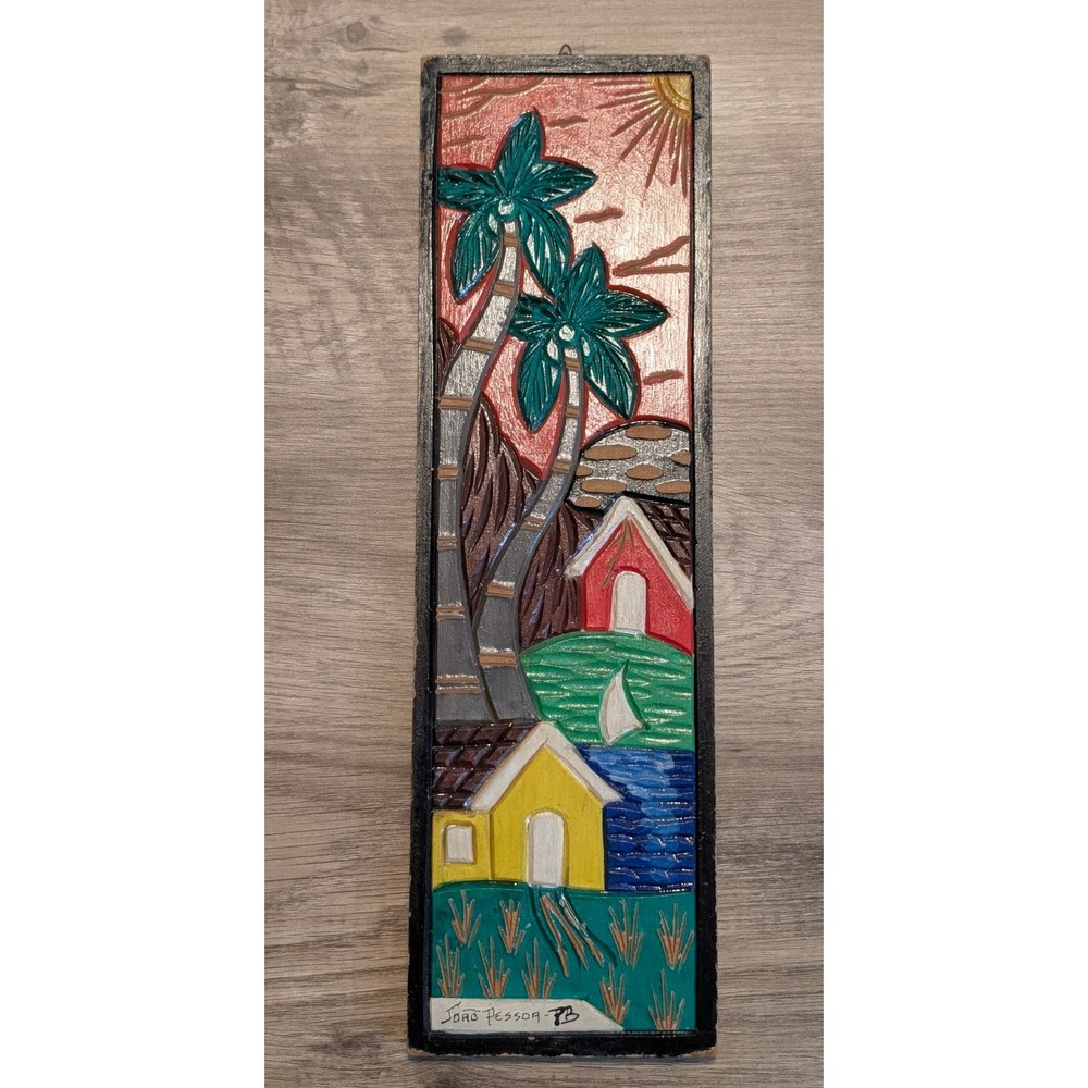 Vintage Joao Pessoa PB Brazilian Hand Carved Wood Relief Tropical Scene Wall Art